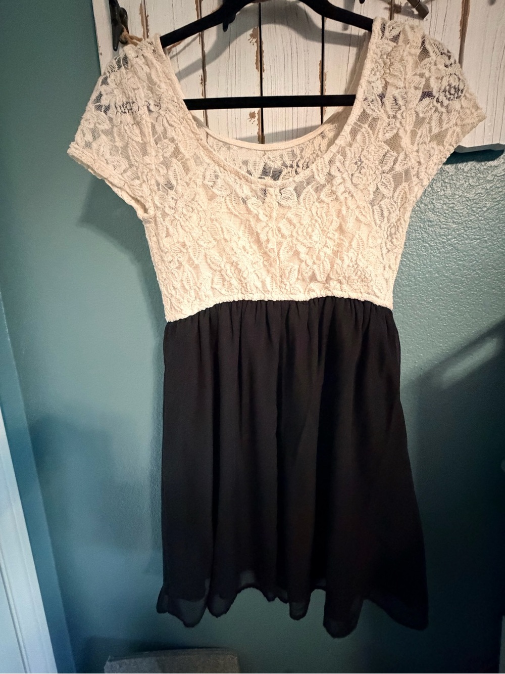 Cream Lace Bodice Mini Dress with Black Skirt